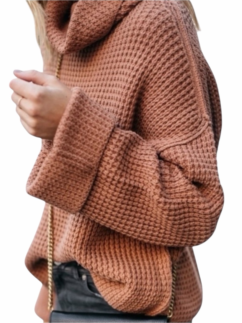 Free People Chunky Cowl Neck Sweater in Camel Brown